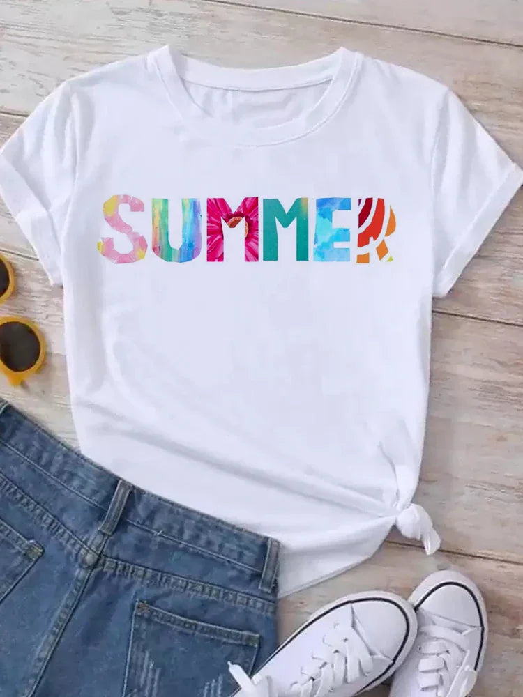 White short-sleeve t-shirt with colorful Summer text graphic print