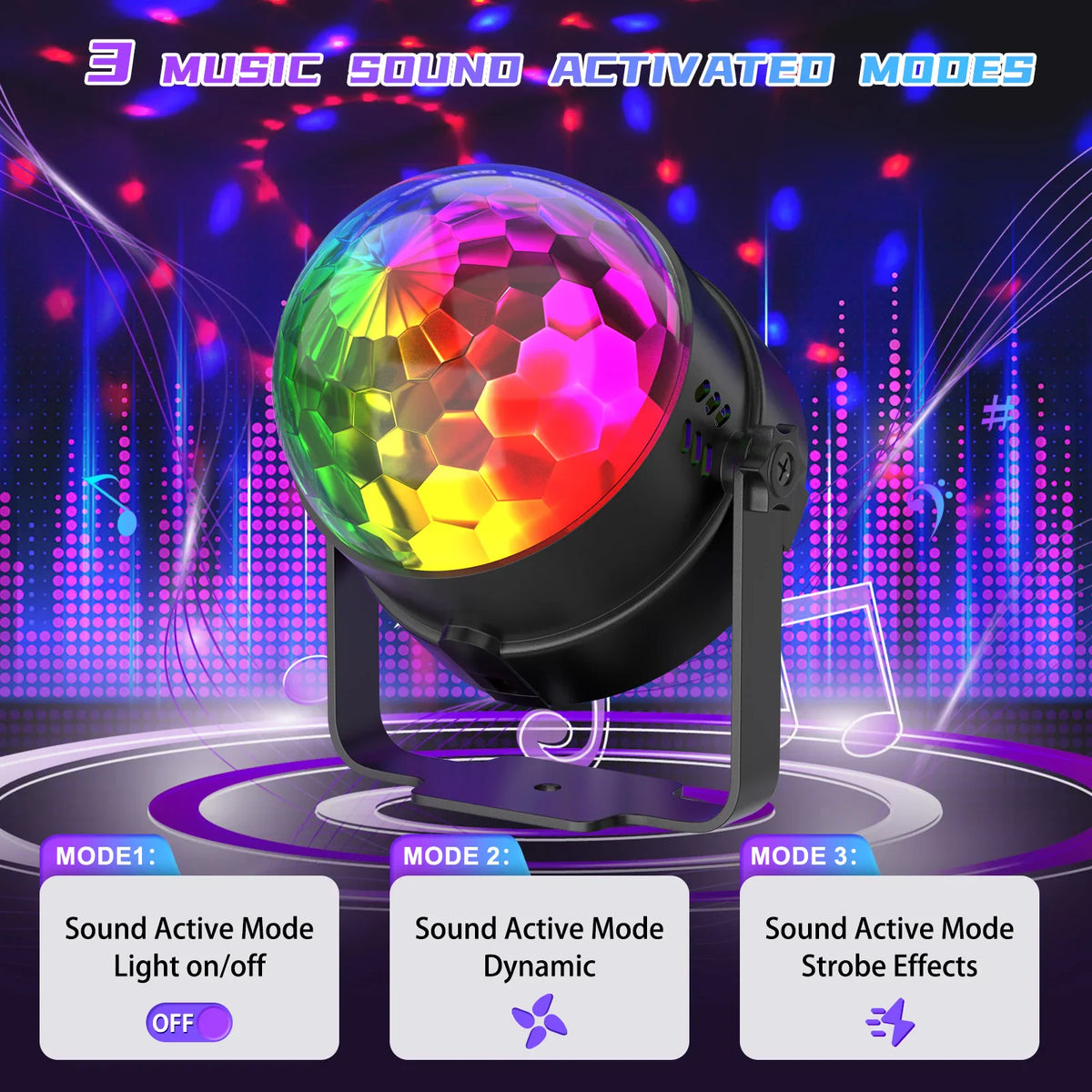 LED disco ball light with three sound-activated modes display