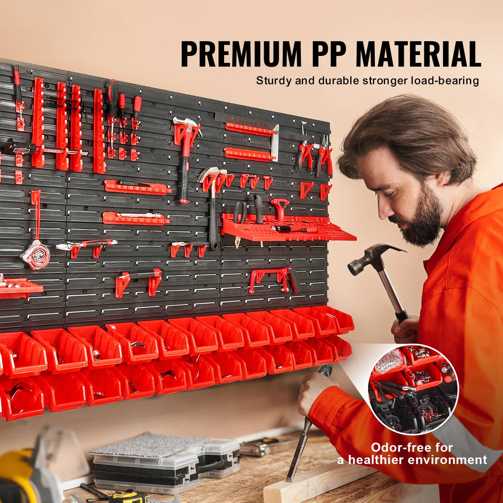 Person using a wall-mounted tool organizer with various hand tools