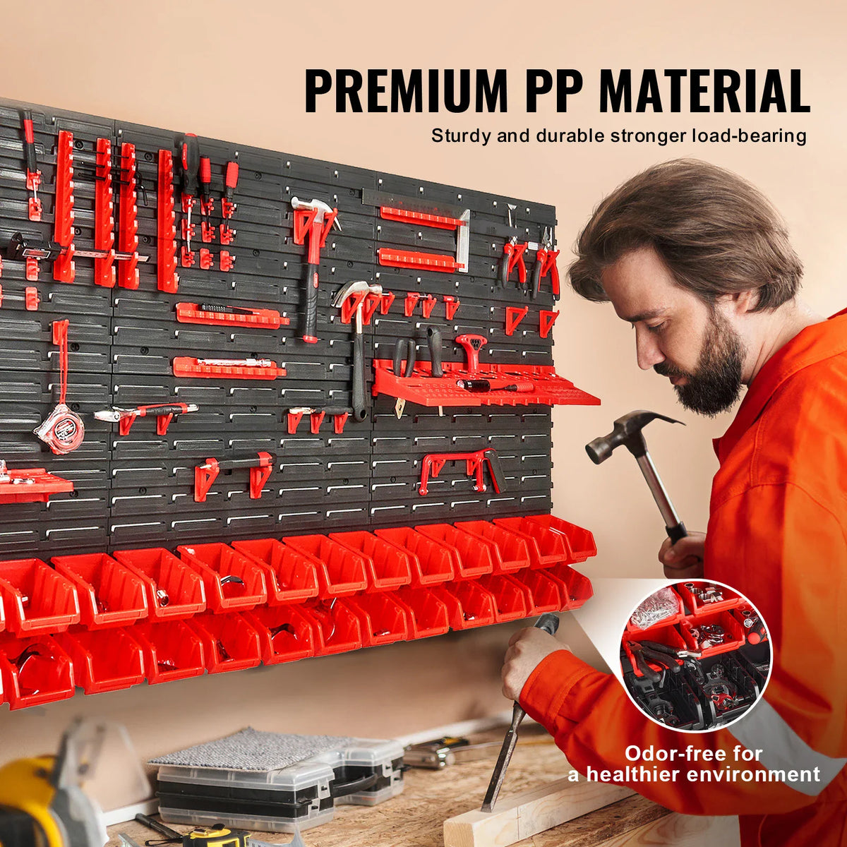 Person using a wall-mounted tool organizer with various hand tools