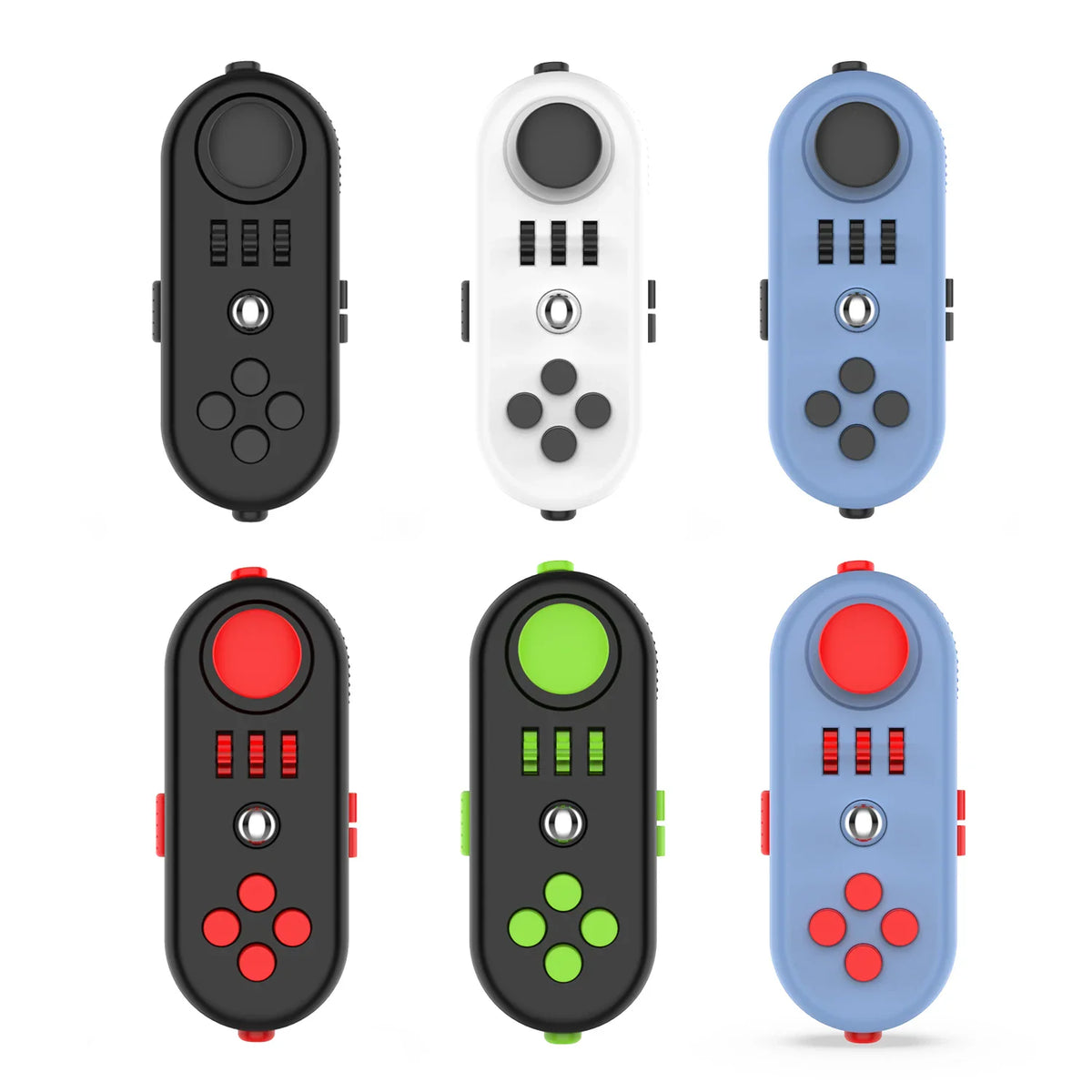 Assorted colors of handheld fidget controller toys including black, white, blue, and green variants