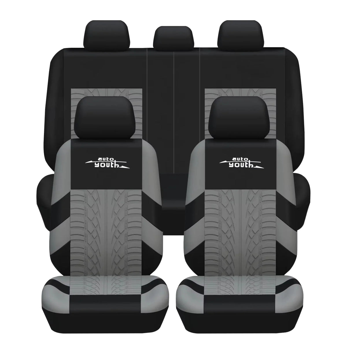 Grey and black car seat covers with tire track embroidery
