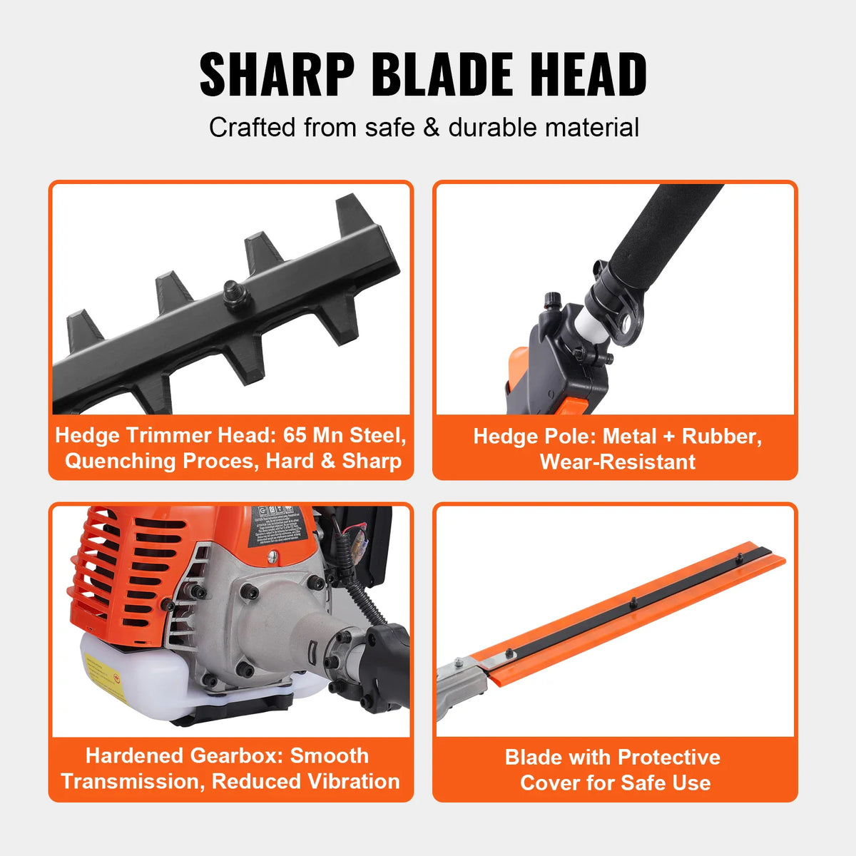 Close-up details of the trimmer blade, pole grip, engine gearbox, and protective blade cover