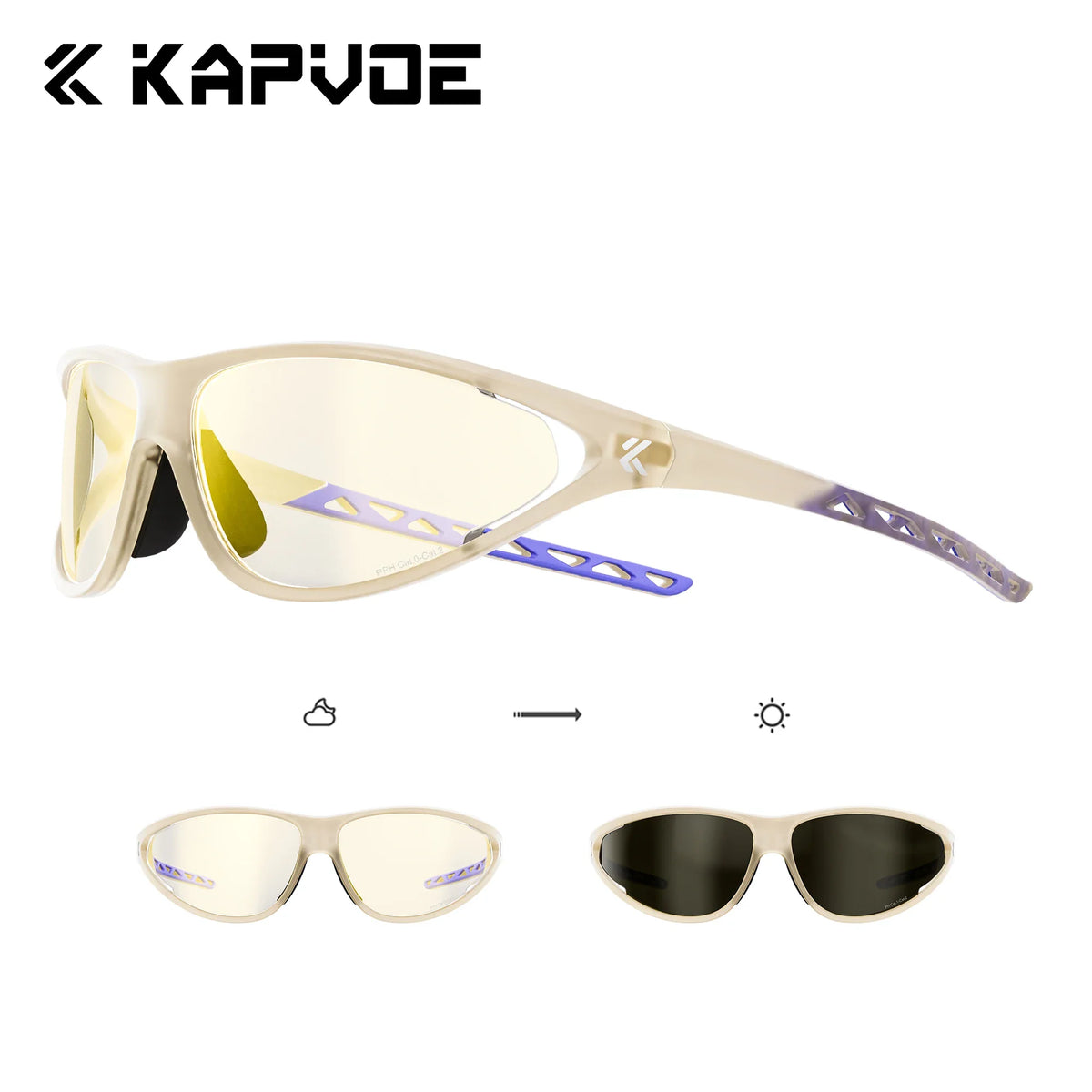Photochromic sports sunglasses showing lens transition from light to dark