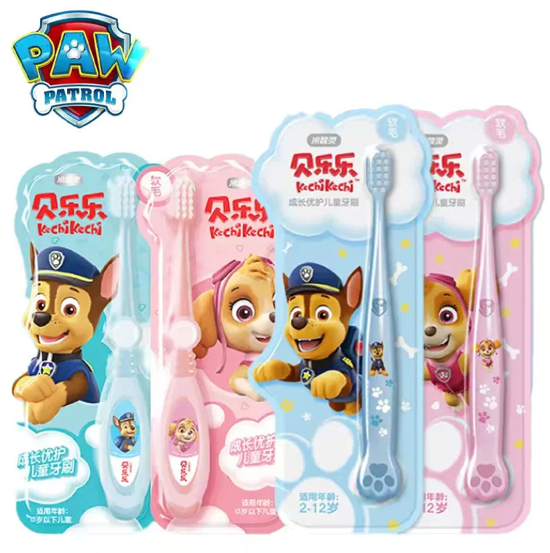 Four soft bristle kids' toothbrushes in blue and pink, each with a different cartoon dog character on the handle.