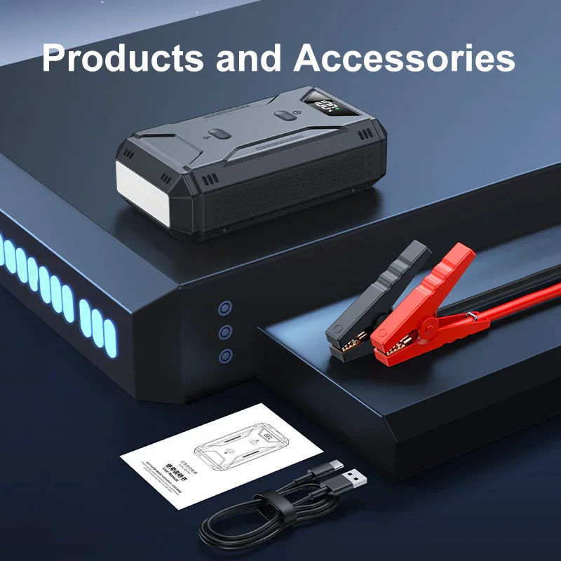 Portable car jump starter set including cables, user manual, and charging cable