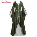 Olive green medieval renaissance fairy cosplay dress with vine embroidery and white bell sleeves