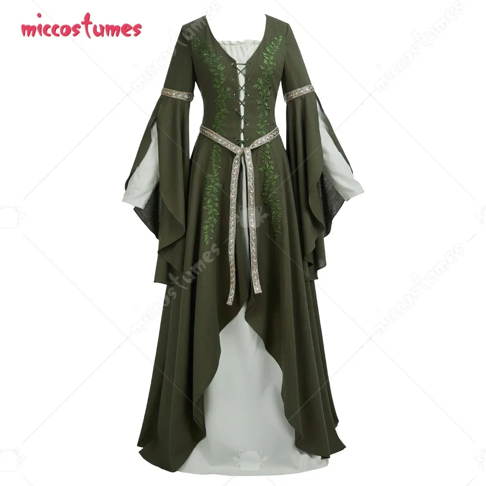 Olive green medieval renaissance fairy cosplay dress with vine embroidery and white bell sleeves