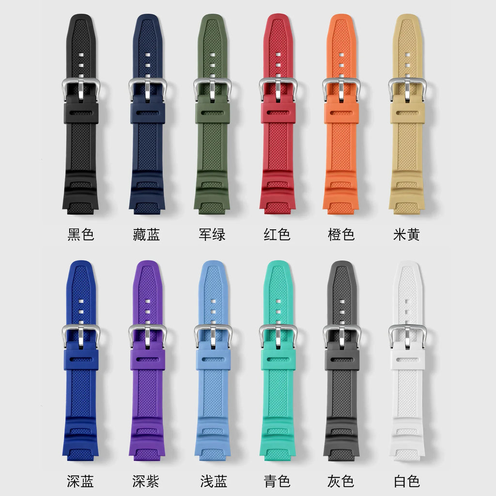 Display grid of twelve different coloured silicone watch straps