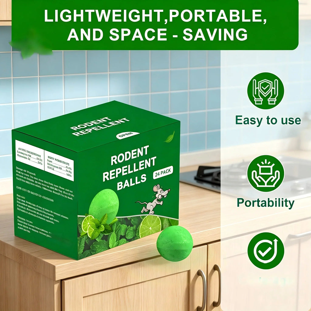 Rodent repellent box with infographic icons for portability and usage