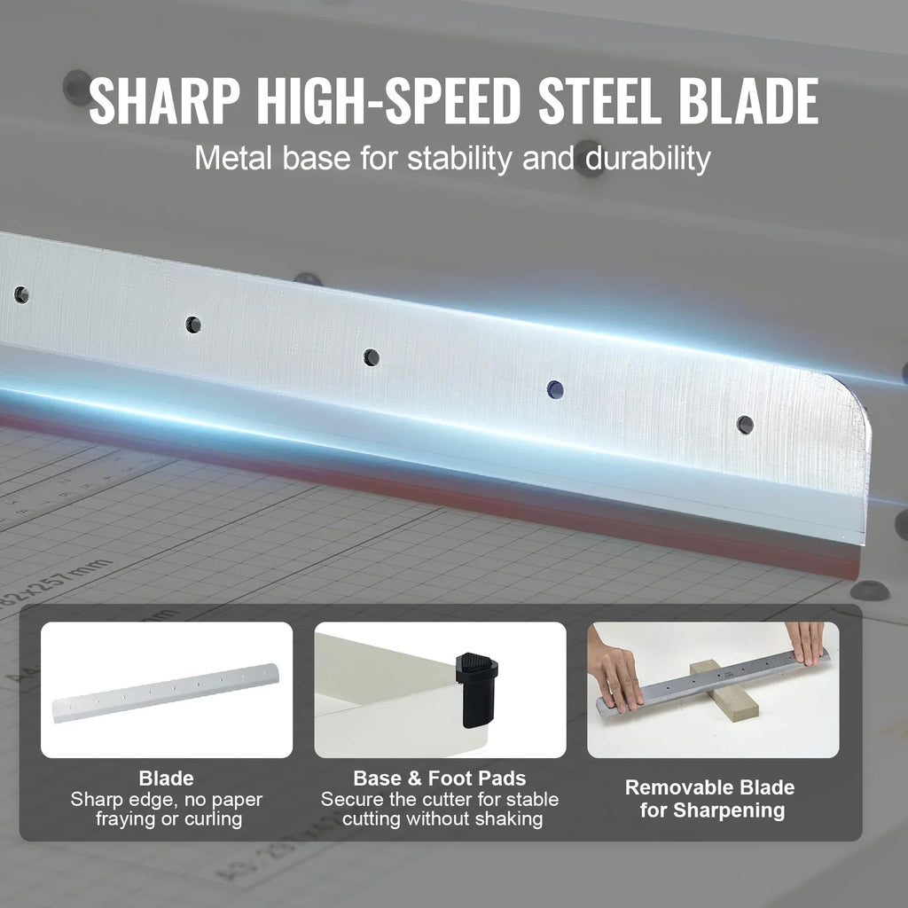 Details showing the high-speed steel blade and adjustable base of a paper cutter.