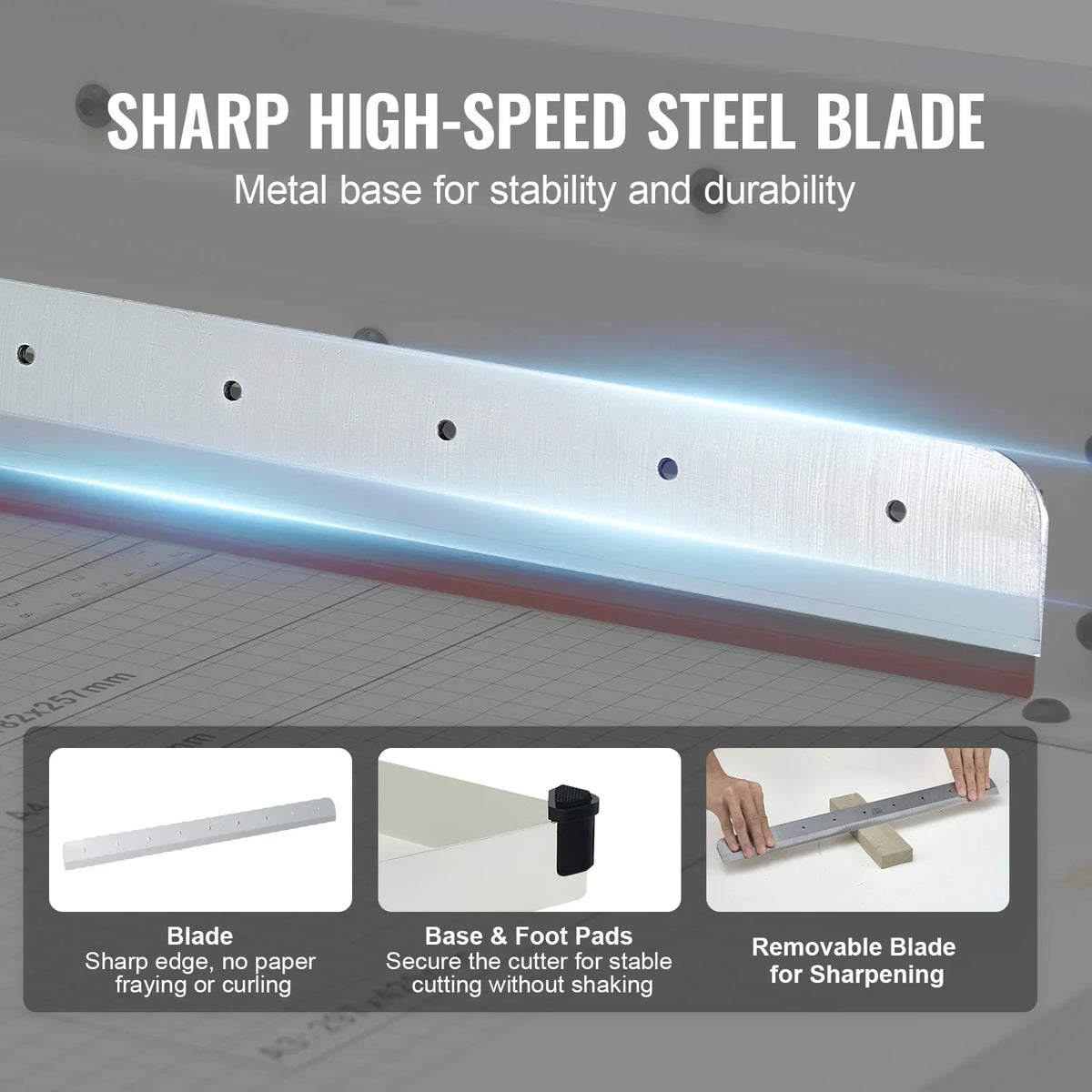 Details showing the high-speed steel blade and adjustable base of a paper cutter.