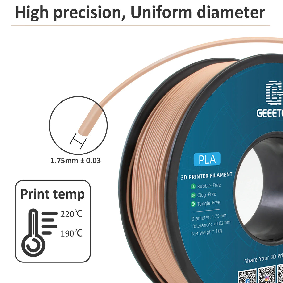 A beige 3D printer filament spool with diagrams showing filament diameter and printing temperature.