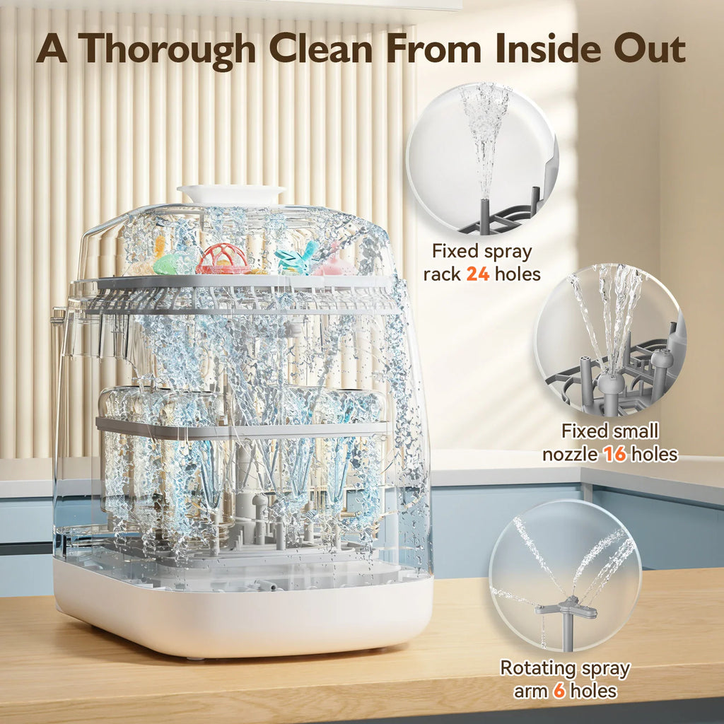Baby bottle washer and sterilizer showing internal spray nozzle functionality