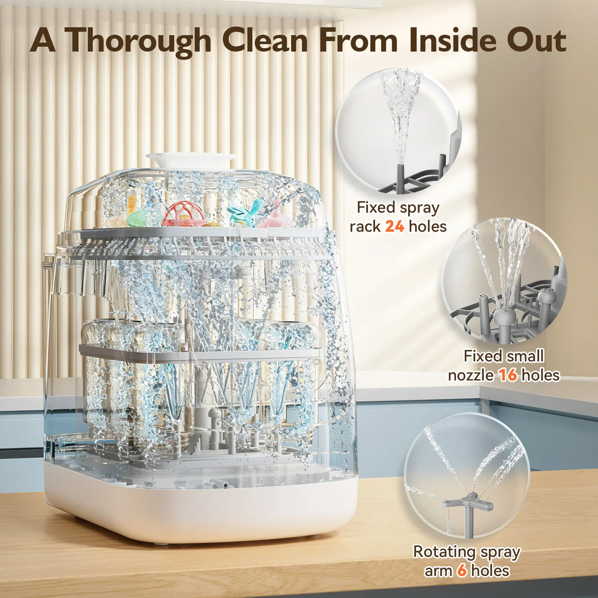 Baby bottle washer and sterilizer showing internal spray nozzle functionality