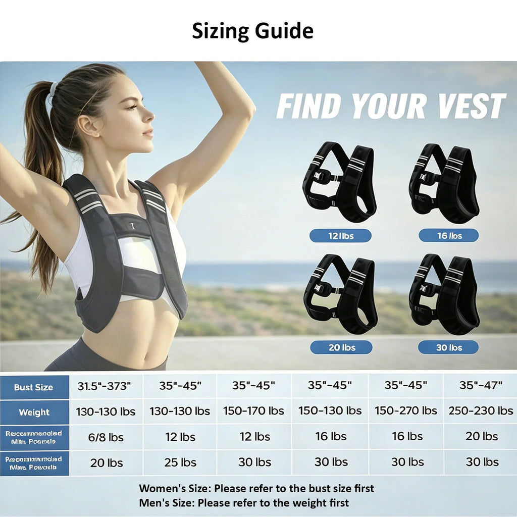 Sizing guide and weight chart for black adjustable weighted fitness vests for men and women