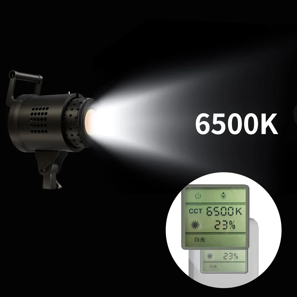 Studio photography LED light emitting bright 6500K daylight with a remote control showing the setting