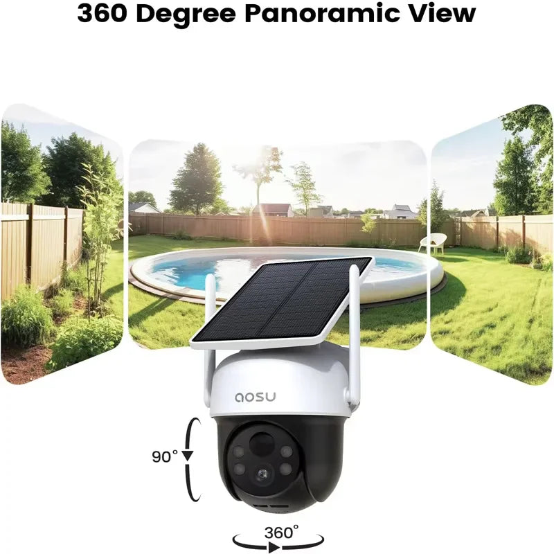 Solar security camera showing 360-degree panoramic view of a backyard