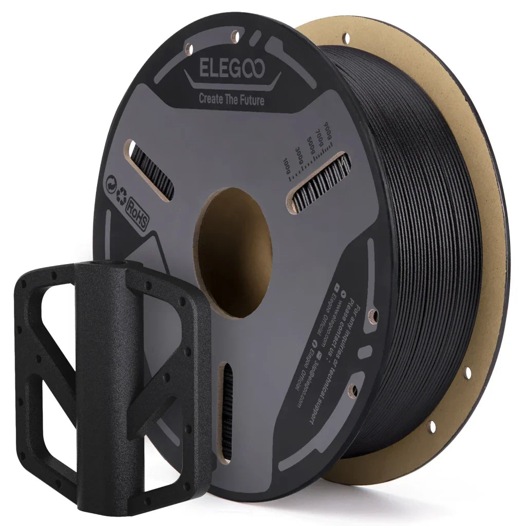 Black PETG-GF filament spool and a 3D printed object