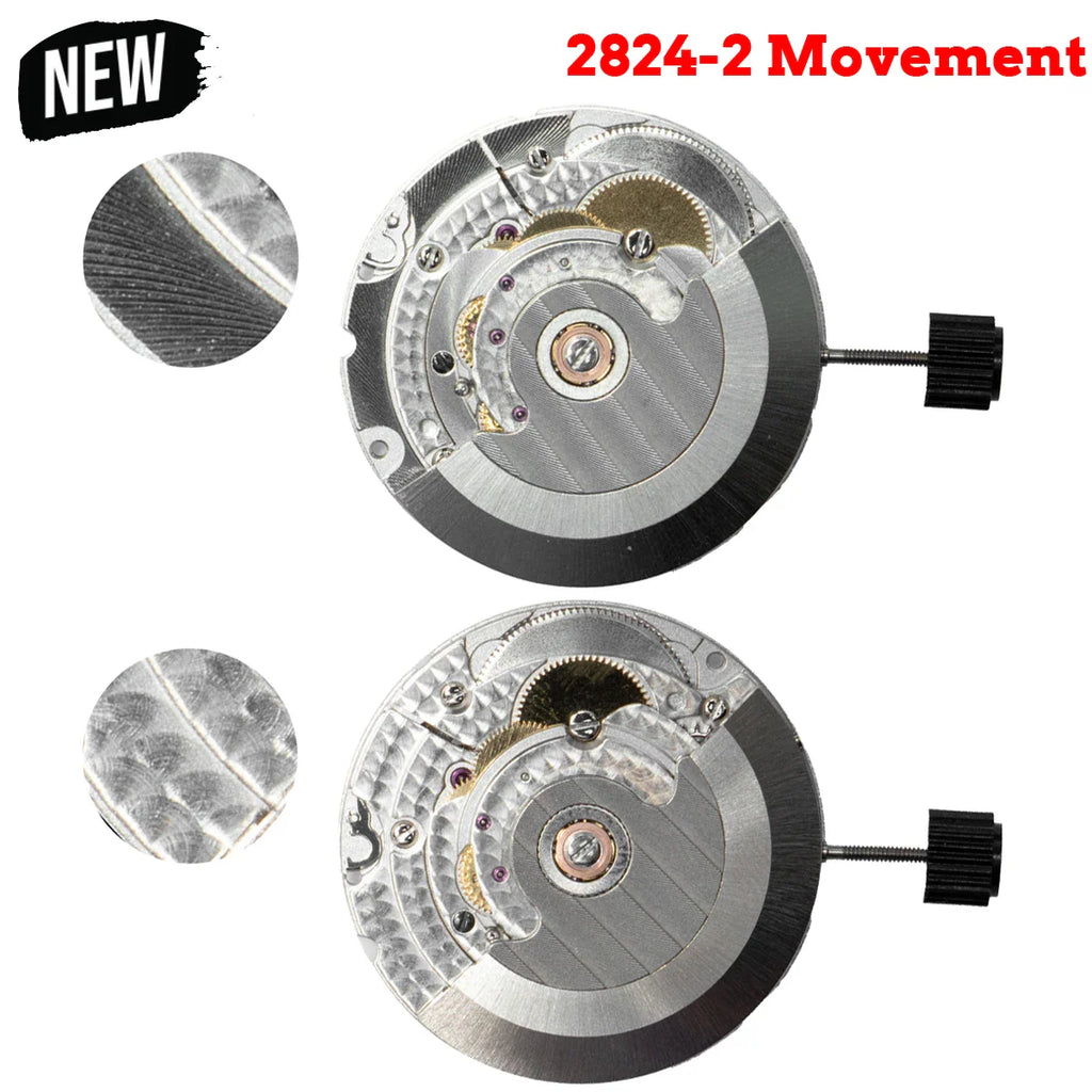 A mechanical watch movement showing two different perspectives and circular close-ups of details.