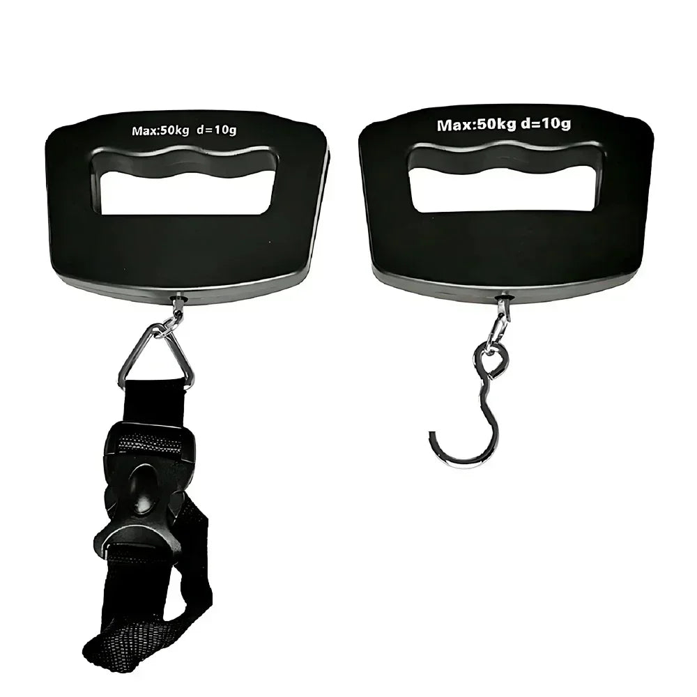 Two black digital luggage scales, one with a strap and one with a metal hook.