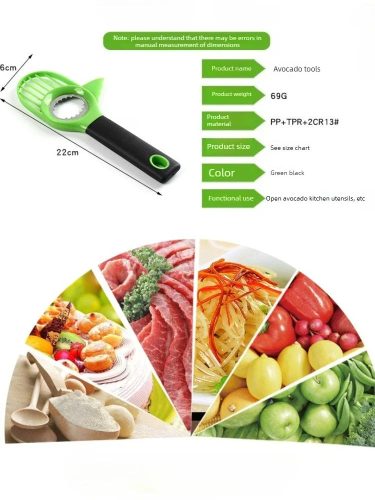 Avocado slicer tool with dimensions and food serving examples