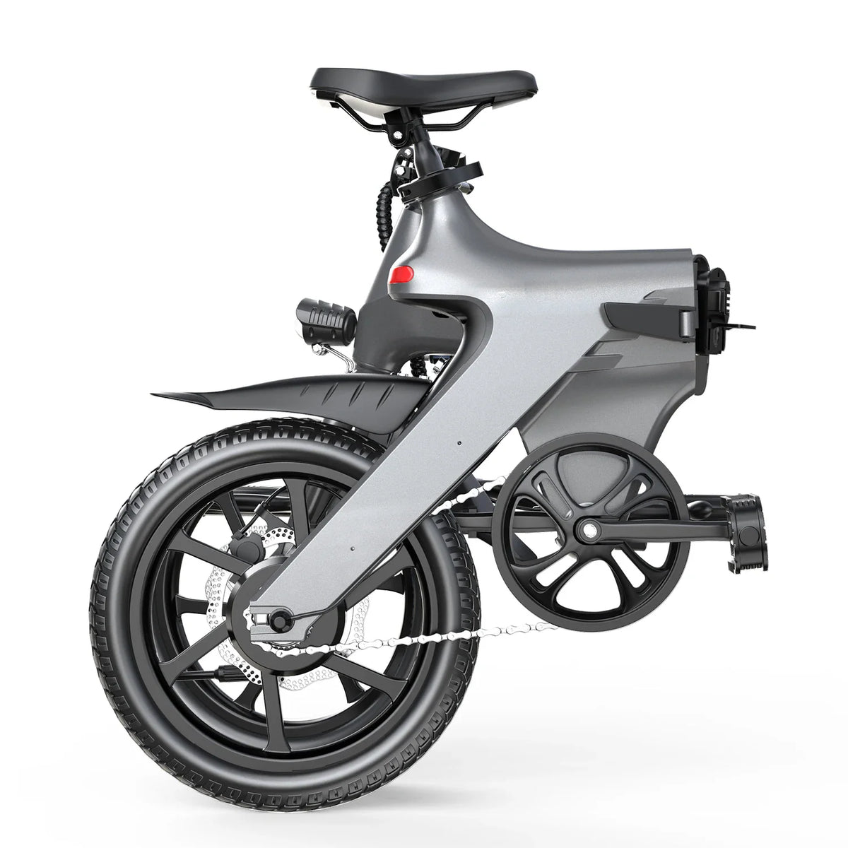 Grey foldable electric commuter bike viewed from the side