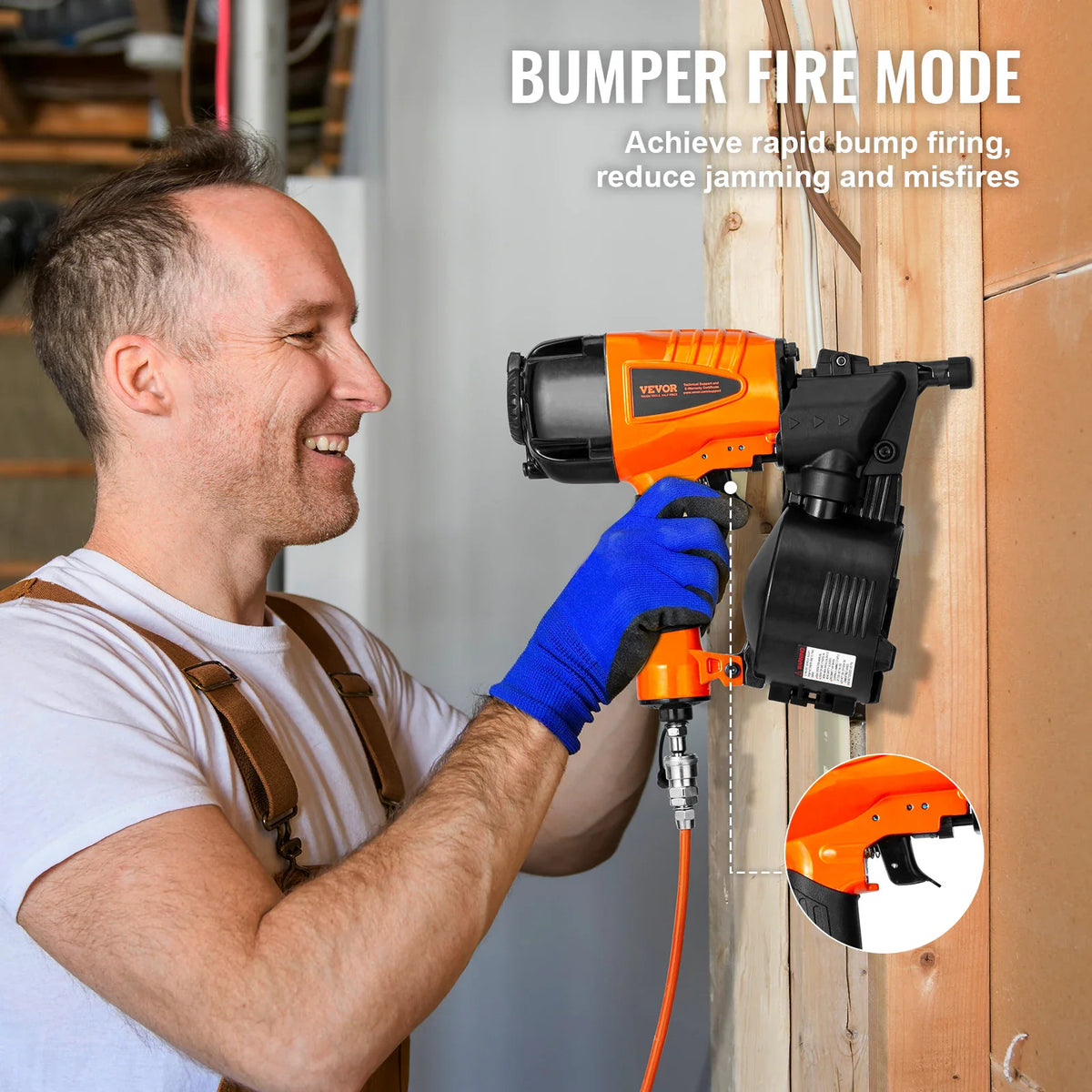 Person using a pneumatic coil siding nailer with bumper fire mode active