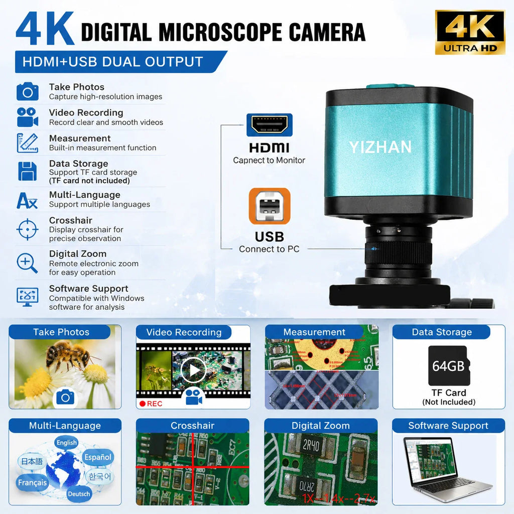 4K digital microscope camera features showing USB and HDMI output