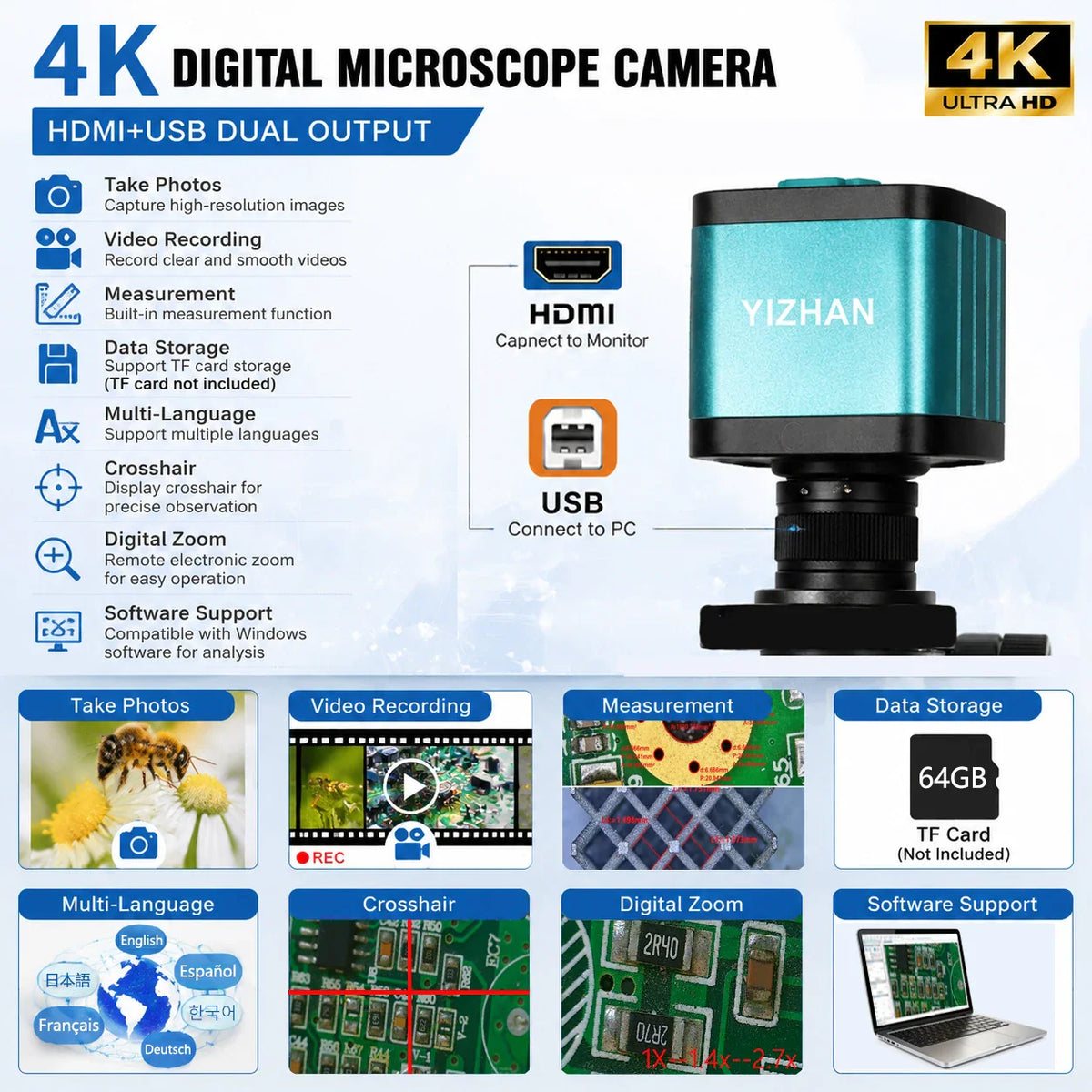 4K digital microscope camera features showing USB and HDMI output