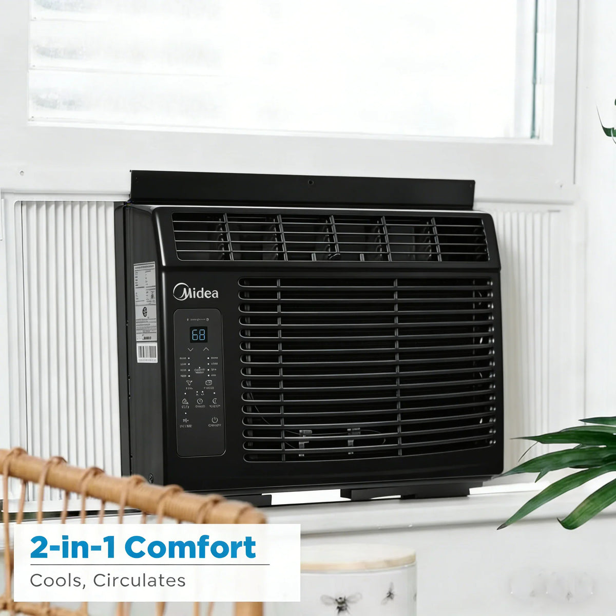 Black window air conditioner installed in a room