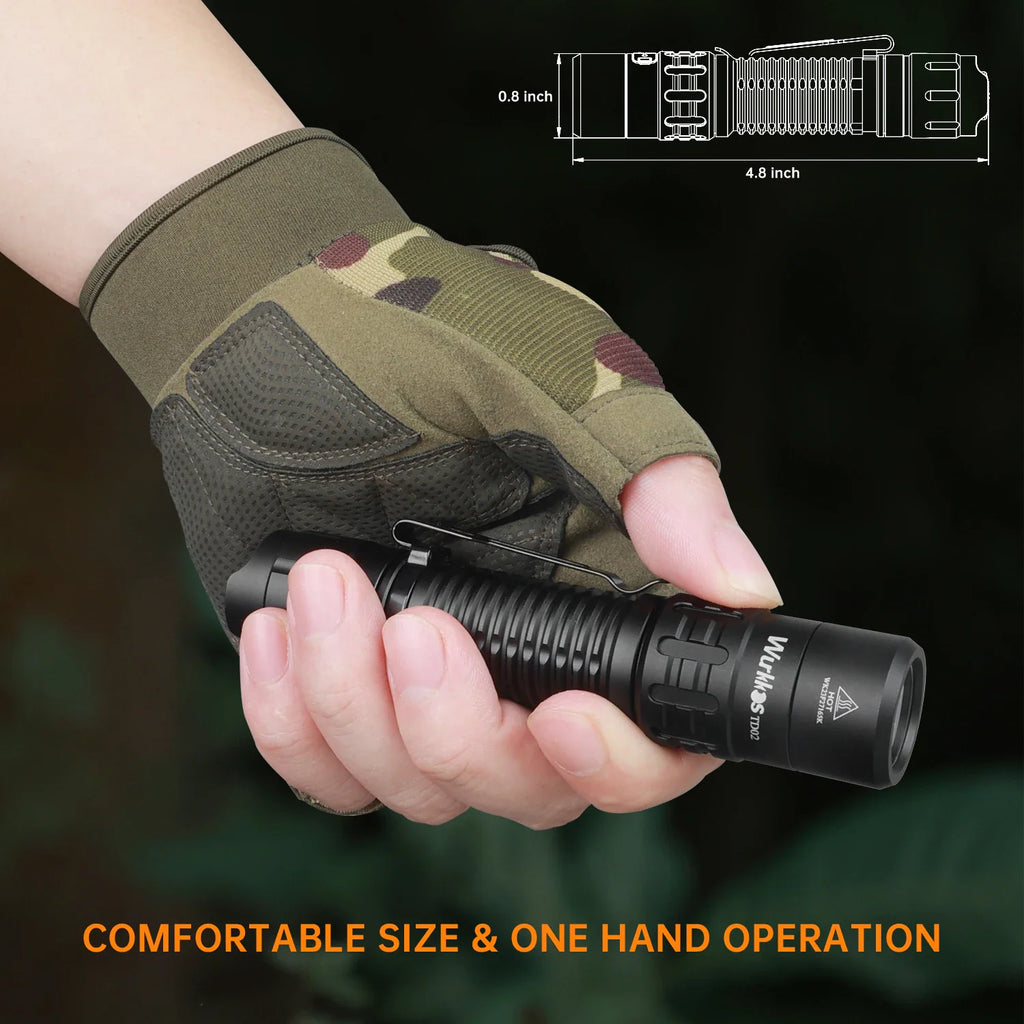 A black tactical LED flashlight held in a gloved hand with a technical drawing showing product dimensions