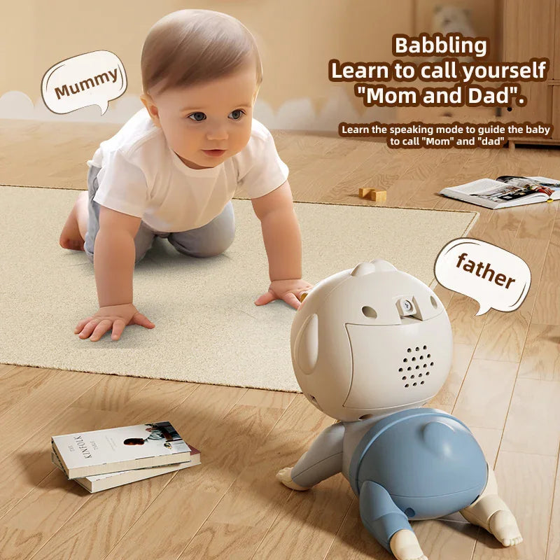 A crawling baby doll toy interacting with a baby, featuring speech mode for learning words.