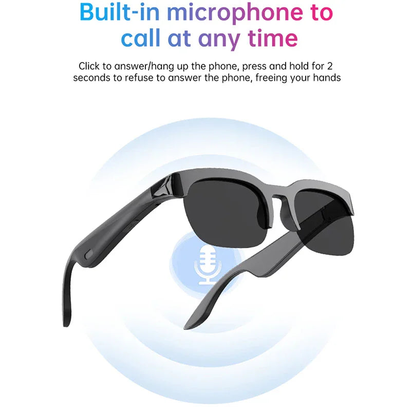 Black smart sunglasses featuring built-in microphone