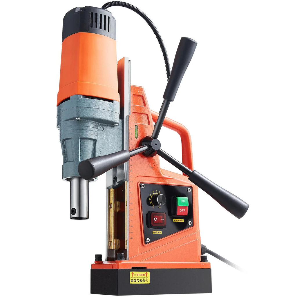 Portable magnetic drilling machine with an orange and grey motor, adjustable handle, and control panel.