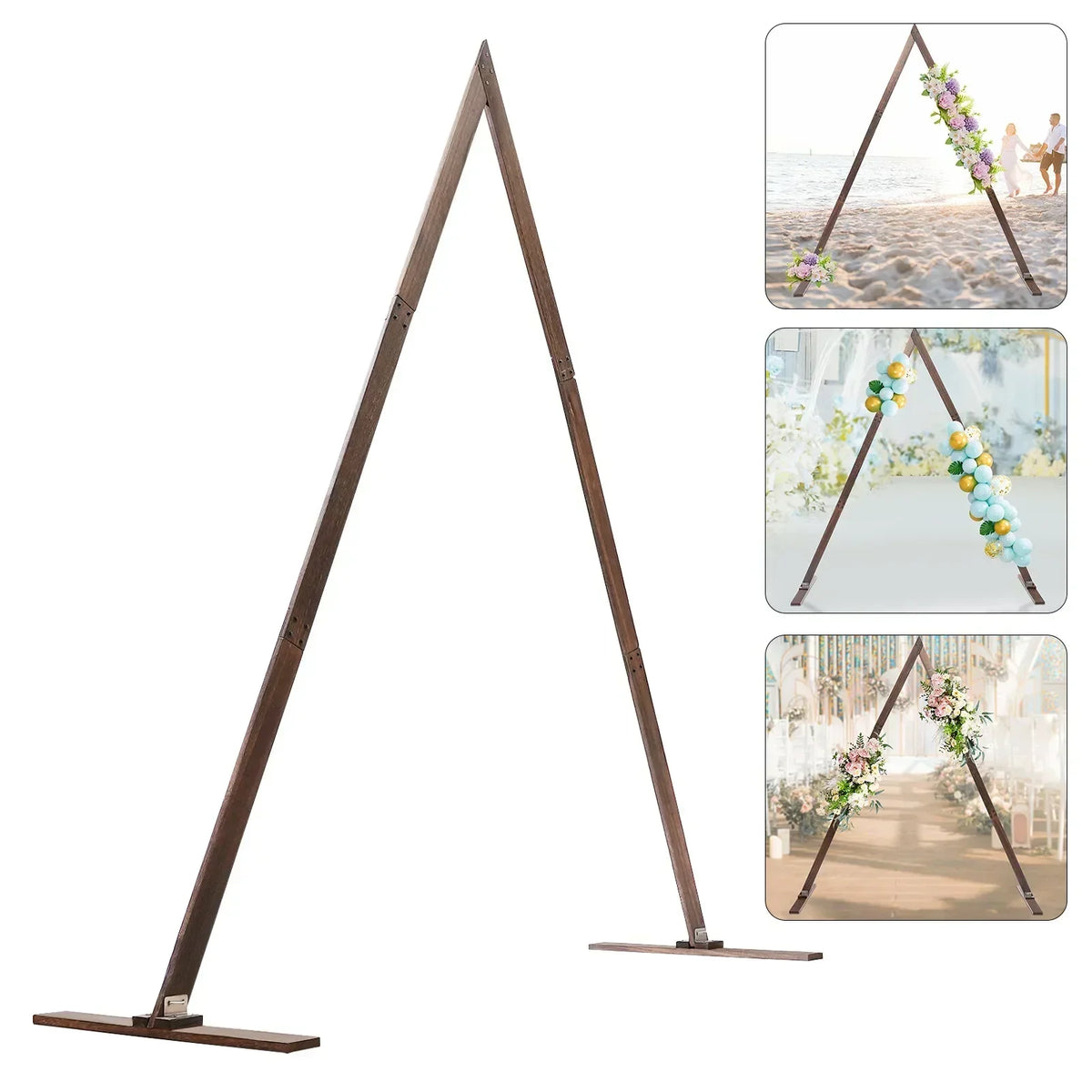 A brown wooden triangular wedding arch display stand featuring three inset photos of different decor examples.