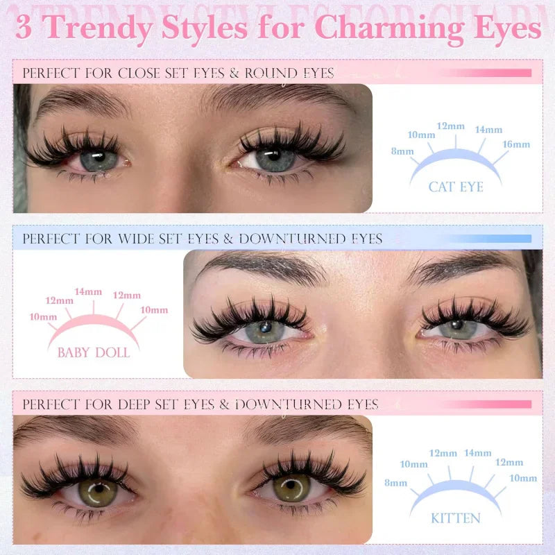 Three different eye shapes showing different styles of wispy cluster eyelash extension applications.