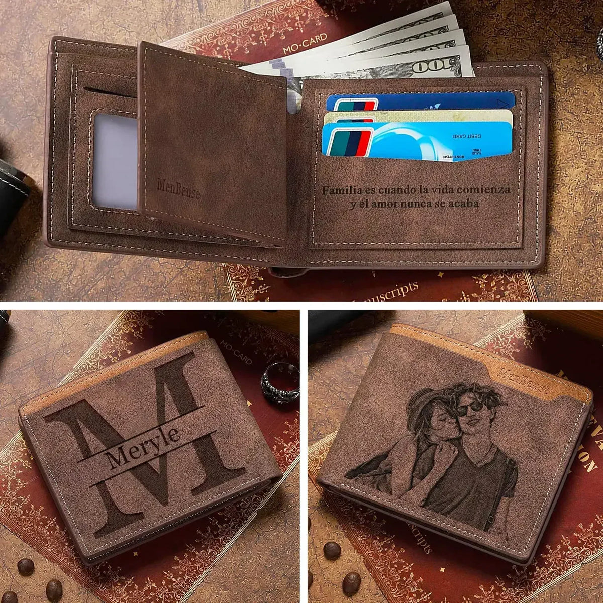Brown leather custom engraved photo and name wallets on rustic wooden background