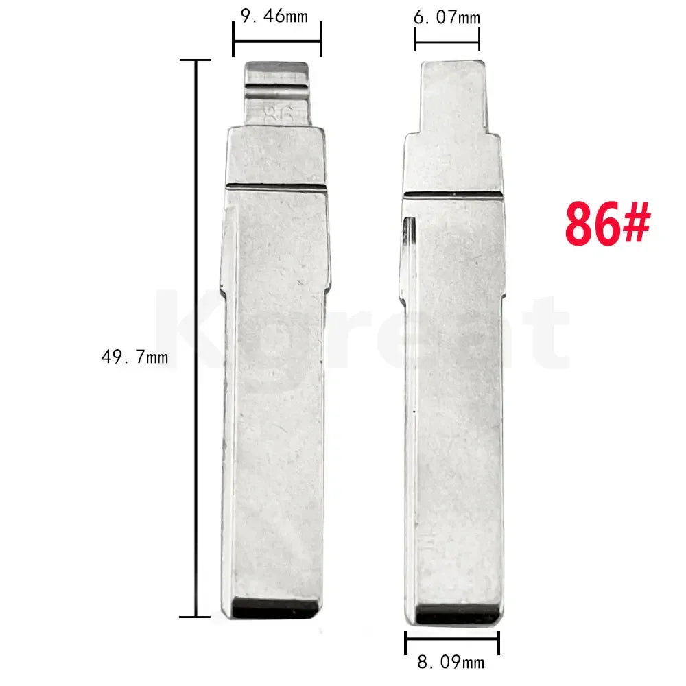 Metal key blade blank, model 86 showing technical measurements.