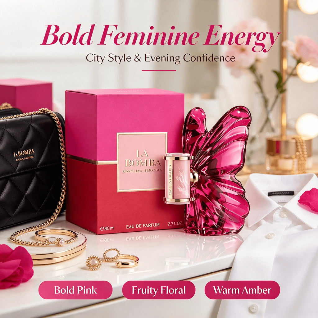 Perfume bottle and box displayed on a vanity table next to a black quilted handbag and a white shirt.