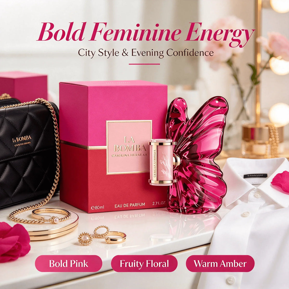 Perfume bottle and box displayed on a vanity table next to a black quilted handbag and a white shirt.