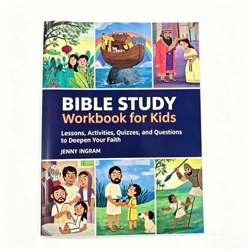 Bible study workbook for kids with illustrated cover featuring biblical scenes