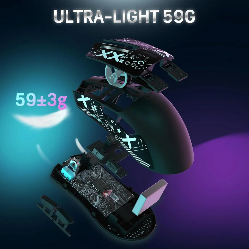 Exploded view of a black gaming mouse showing internal parts, switches, and PCB components