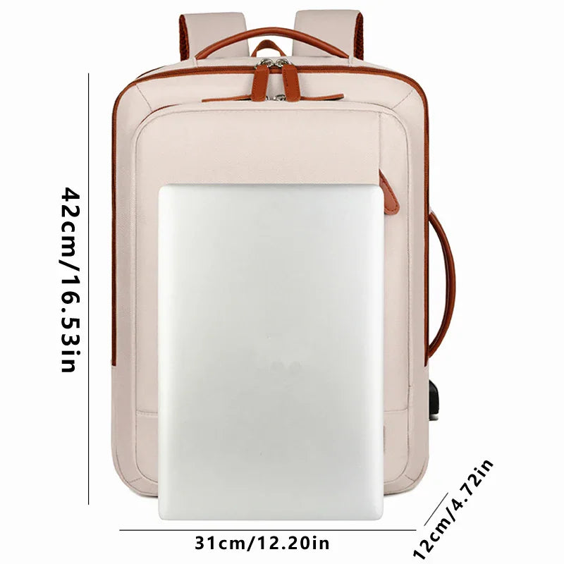 Beige laptop backpack with brown trim, showing dimensions in centimeters and inches with a laptop placed on it.