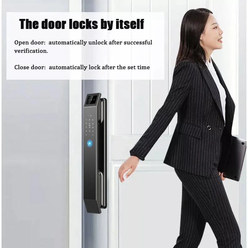 Professional woman walking through an automatically unlocking smart door.
