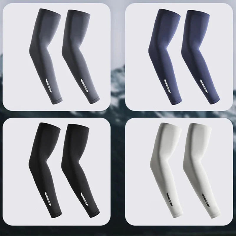 Four pairs of arm sleeves with reflective stripes in grey, blue, black, and white