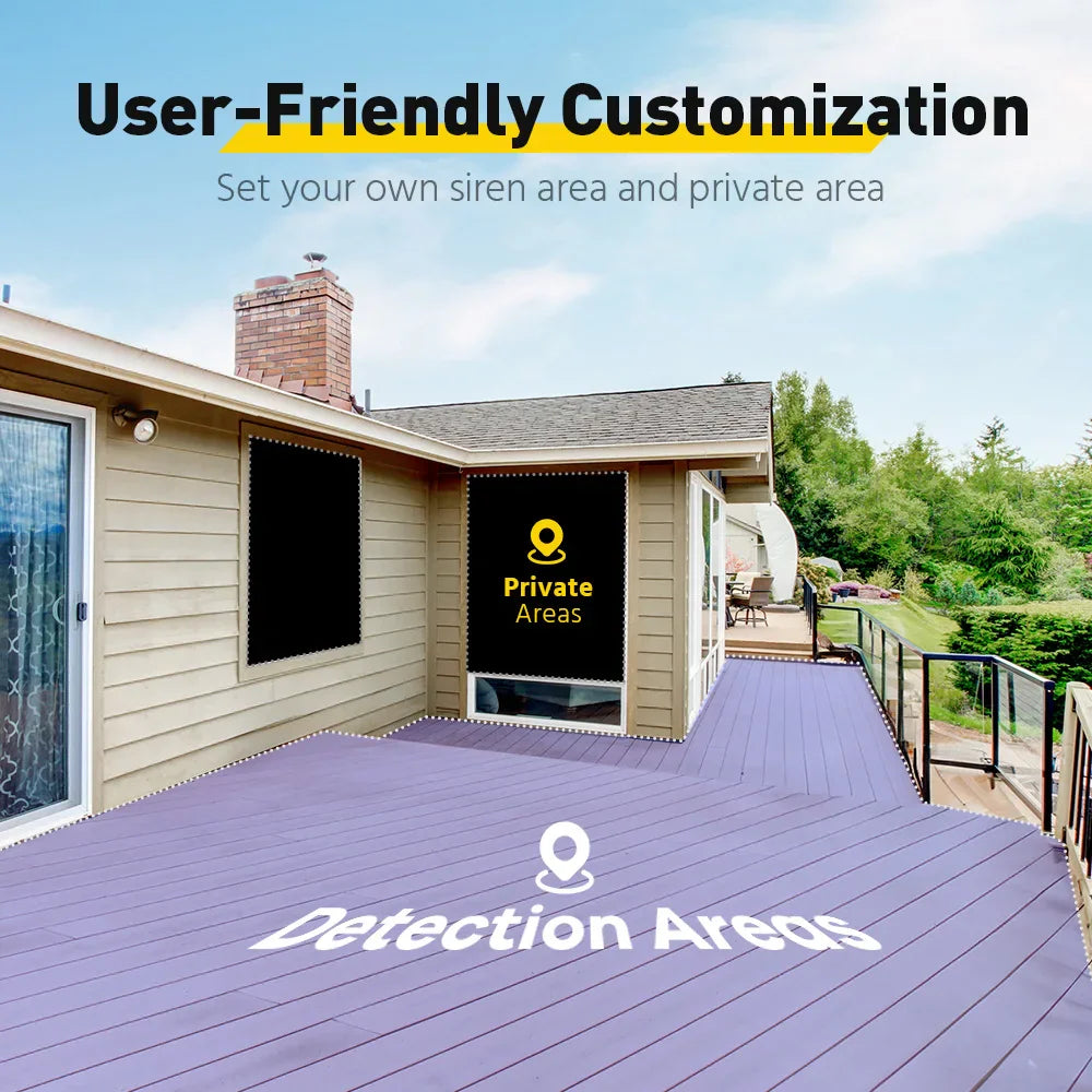 Residential backyard view demonstrating customizable detection and privacy zones for security camera.