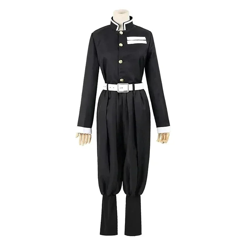Black anime cosplay uniform top and pants with white belt