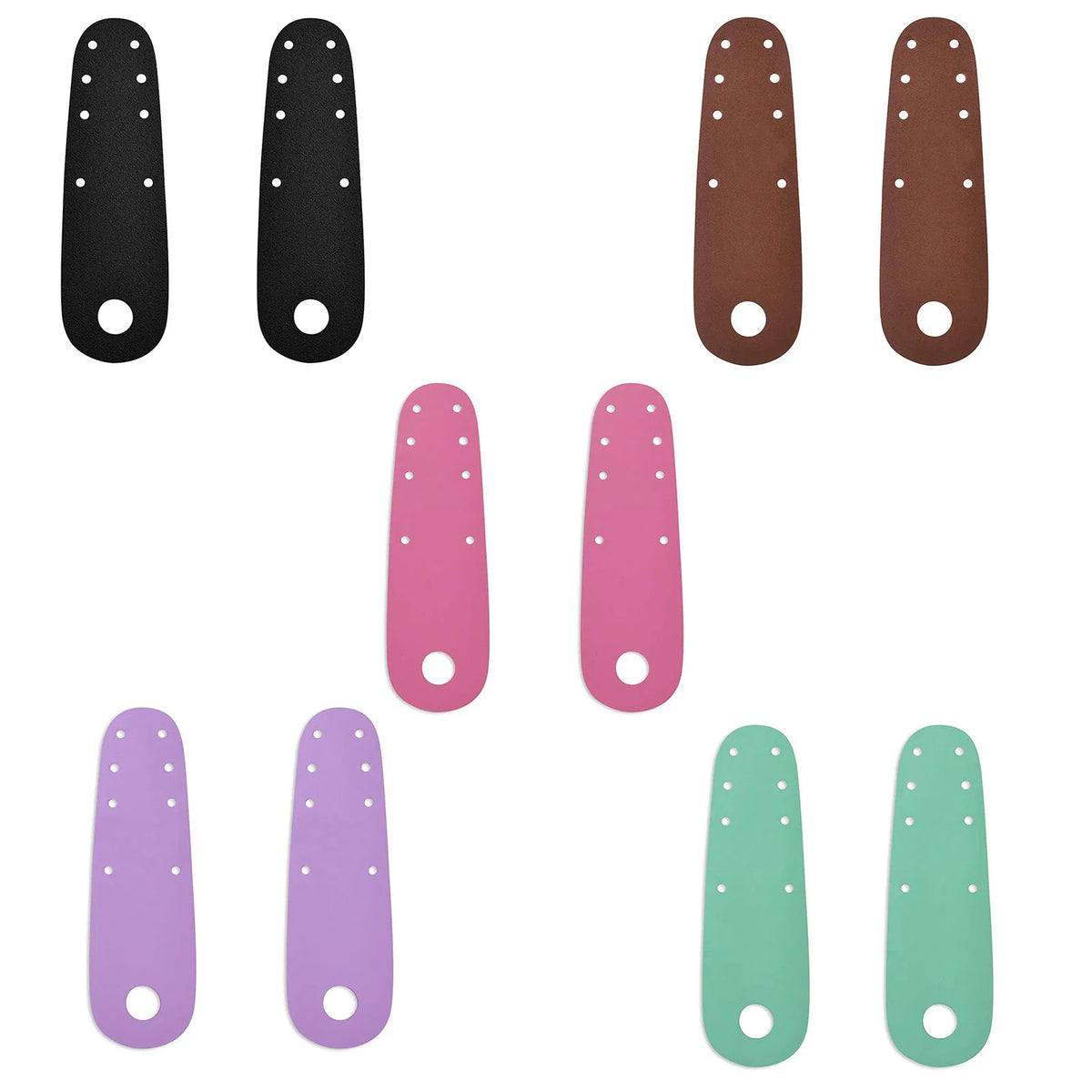 A collection of colorful roller skate toe caps in black, brown, pink, lavender, and mint green.