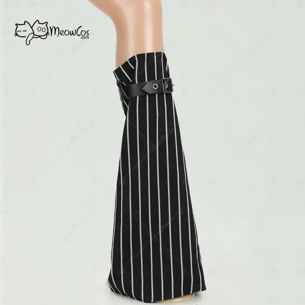 Black and white striped cosplay leg warmer with black buckle strap